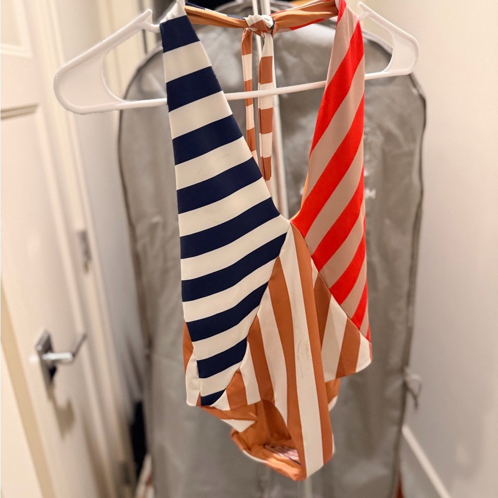 Zara Navy, Red, and Tan Striped Swimsuit